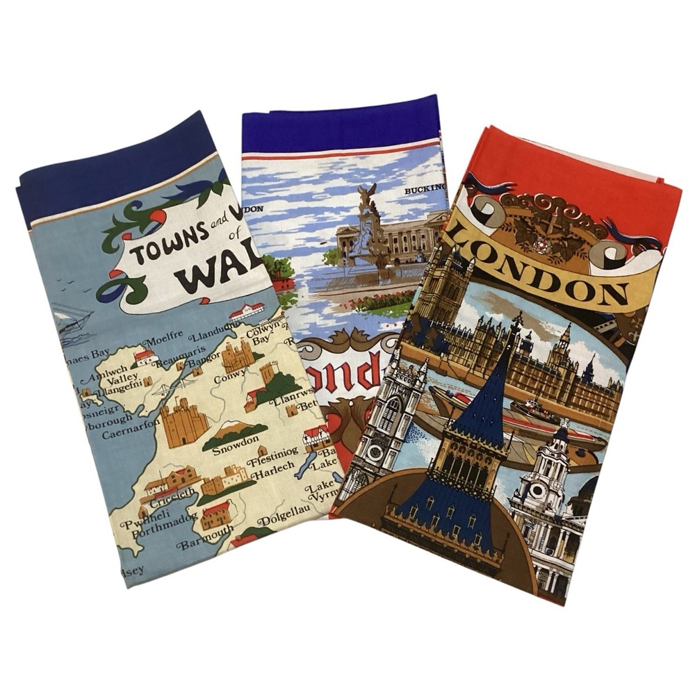 Tea/Kitchen Towels‎ set (3) Souvenir London Famous Towns NOS All cotton Britain